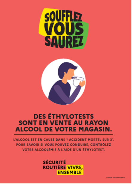 Affiche vente à emporter de l'alcool, dans le rayon alcool du magasin